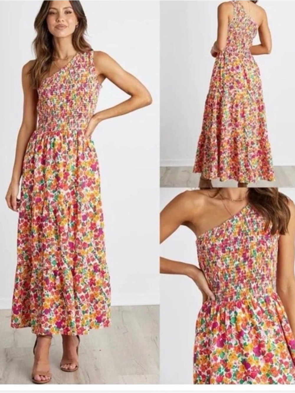 Floral One-Shoulder Maxi Dress in Pink Multi